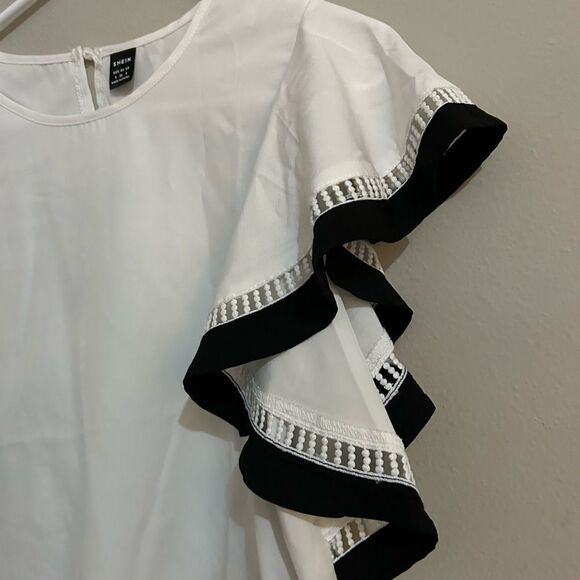 Shein white ruffle sleeve loose blouse with black detailing. - Picture 5 of 7